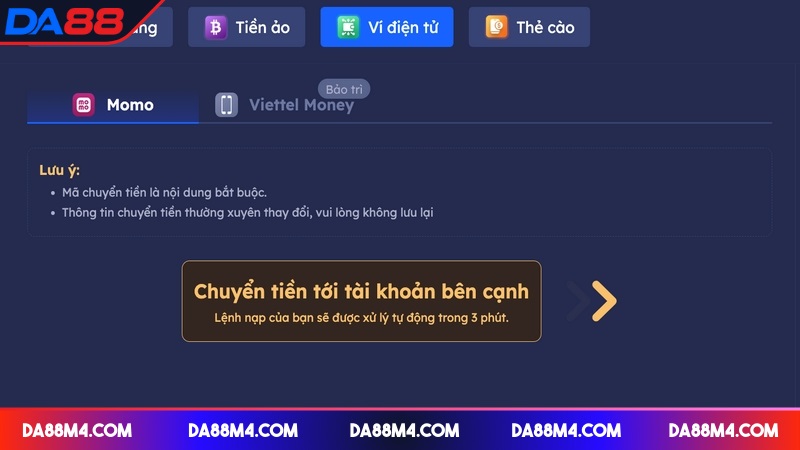 DA88 hỗ trợ các ví phổ biến như Momo, Viettel Money