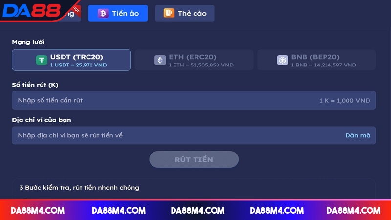 Rút tiền DA88 bằng tiền ảo